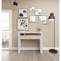 Scrollable console desk in white and oak, 99 x 36 x 88 cm