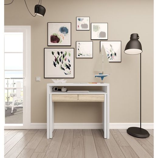 Scrollable console desk in white and oak, 99 x 36 x 88 cm
