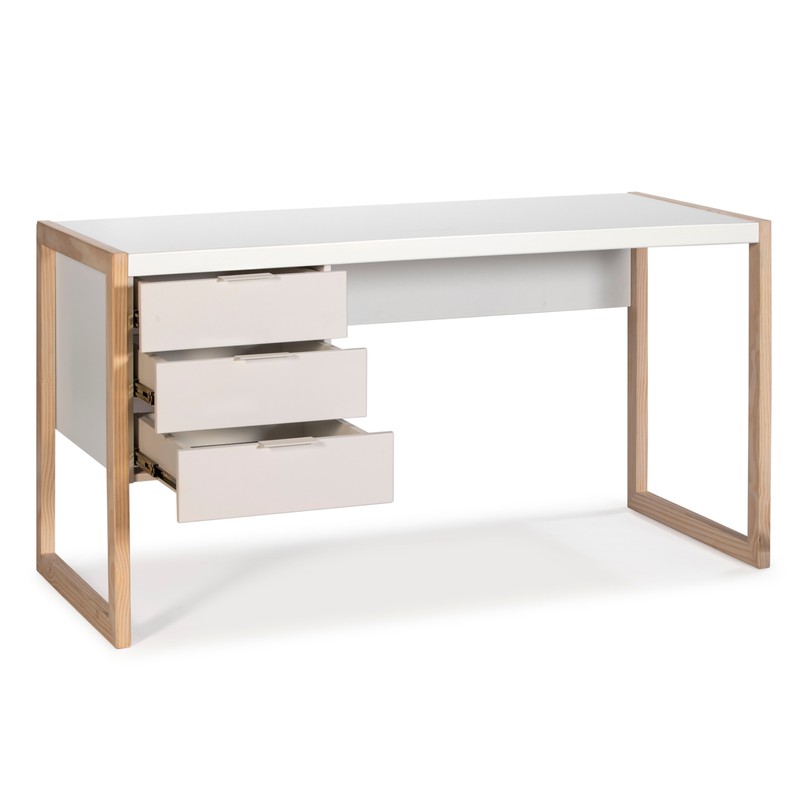 Bewonderenswaardig makkelijk te gebruiken gekruld Wit houten bureau en natuurlijk grenen structuur, 140 x 57 x 75 cm — Qechic