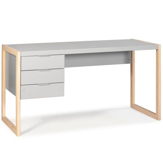 Light gray wooden desk and natural pine frame, 140 x 57 x 75 cm