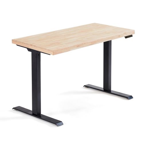 Zmotoryzowany pulpit podnośny wykonany z drewna dębowego i metalu w kolorze naturalnym i czarnym, 140 x 70 x 76 - 120 cm | Budka