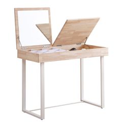 Bureau/kaptafel met naturel/wit hout en metalen spiegel, 100 x 50 x 76 cm | Mooi