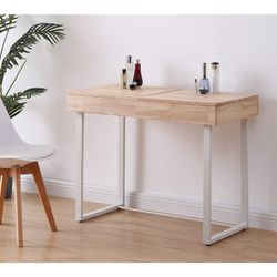 Bureau/kaptafel met naturel/wit hout en metalen spiegel, 100 x 50 x 76 cm | Mooi