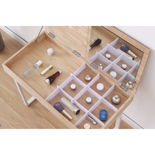 Bureau/kaptafel met naturel/wit hout en metalen spiegel, 100 x 50 x 76 cm | Mooi