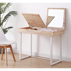 Bureau/kaptafel met naturel/wit hout en metalen spiegel, 100 x 50 x 76 cm | Mooi