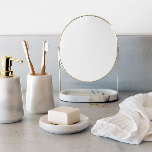 White Marble Bathroom Set with Mirror, 4 pieces