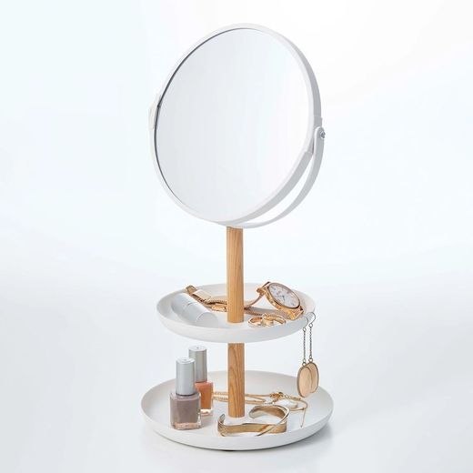 Steel vanity mirror and mirror in white and natural, 17.5 x 16 x 33 cm | Tosca