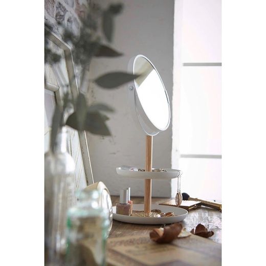 Steel vanity mirror and mirror in white and natural, 17.5 x 16 x 33 cm | Tosca