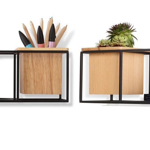 Cubist Metal Black and Wood Shelf, 38 x 12 x 11 Cm