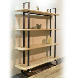 Tall shelving unit made of oak wood and metal in natural and black, 150 x 35 x 180 cm | Moon