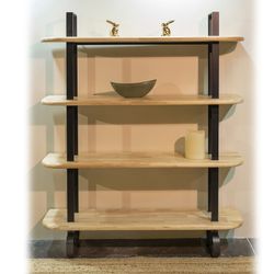 Tall shelving unit made of oak wood and metal in natural and black, 150 x 35 x 180 cm | Moon