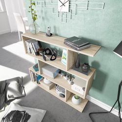 Oak finish 4-shelf low shelving unit, 110 x 25 x 97 cm