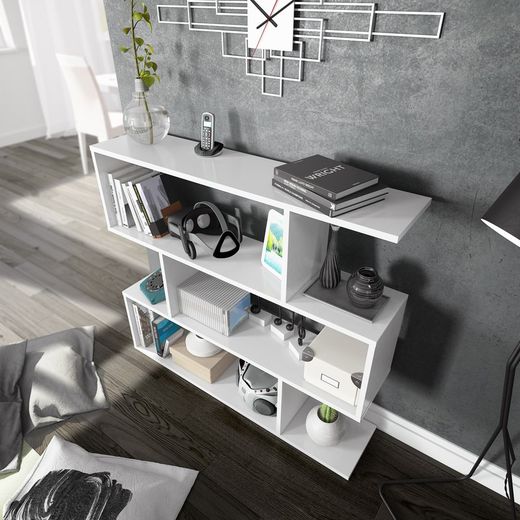 Low shelf with 4 shelves in gloss white, 110 x 25 x 97 cm