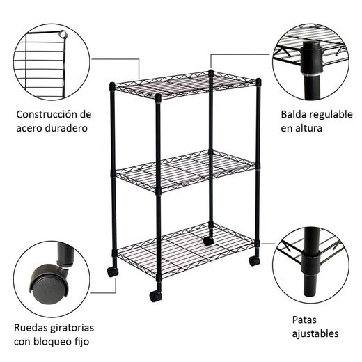 Black iron wheeled shelf, 56 x 35 x 80 cm | Klaus