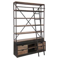 Prateleira de madeira com escada de metal 6 prateleiras e 4 gavetas, 160x45x243 cm