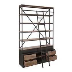 Prateleira de madeira com escada de metal 6 prateleiras e 4 gavetas, 160x45x243 cm