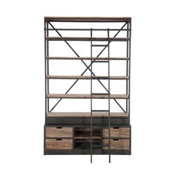 Prateleira de madeira com escada de metal 6 prateleiras e 4 gavetas, 160x45x243 cm