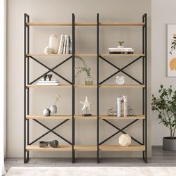 Metal and wood shelving in black and natural color, 143.5 x 30 x 175 cm | Dusan