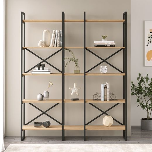 Metal and wood shelving in black and natural color, 143.5 x 30 x 175 cm | Dusan