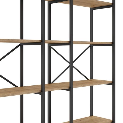 Metal and wood shelving in black and natural color, 143.5 x 30 x 175 cm | Dusan