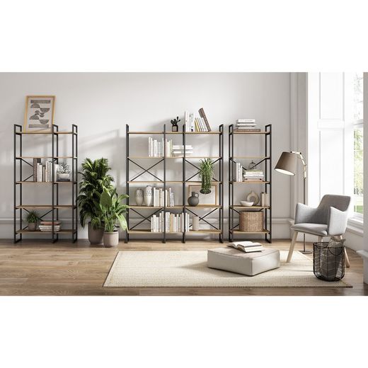 Metal and wood shelving in black and natural color, 143.5 x 30 x 175 cm | Dusan