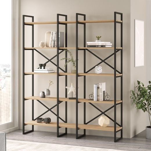 Metal and wood shelving in black and natural color, 143.5 x 30 x 175 cm | Dusan