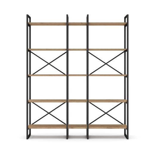 Metal and wood shelving in black and natural color, 143.5 x 30 x 175 cm | Dusan