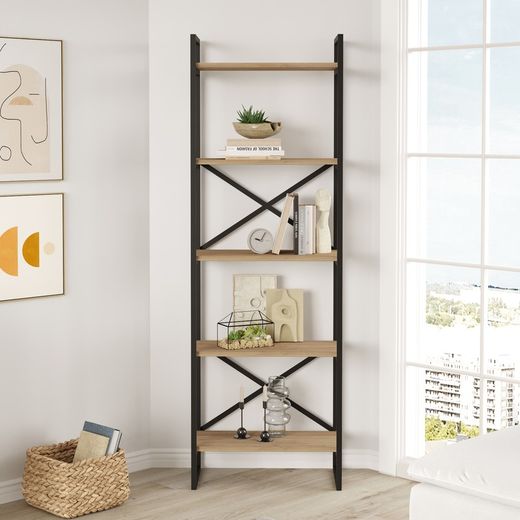 Metal and wood shelving in black and natural color, 58 x 30 x 175 cm | Dusan