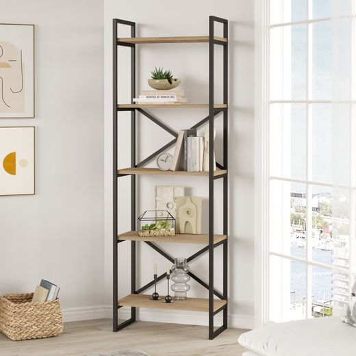 Metal and wood shelving in black and natural color, 58 x 30 x 175 cm | Dusan