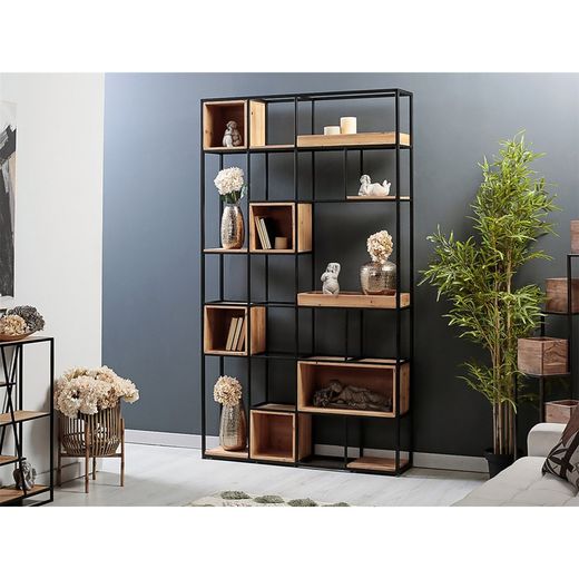 Półka metalowa i czarna/naturalne drewno Gert, 120x25x210 cm