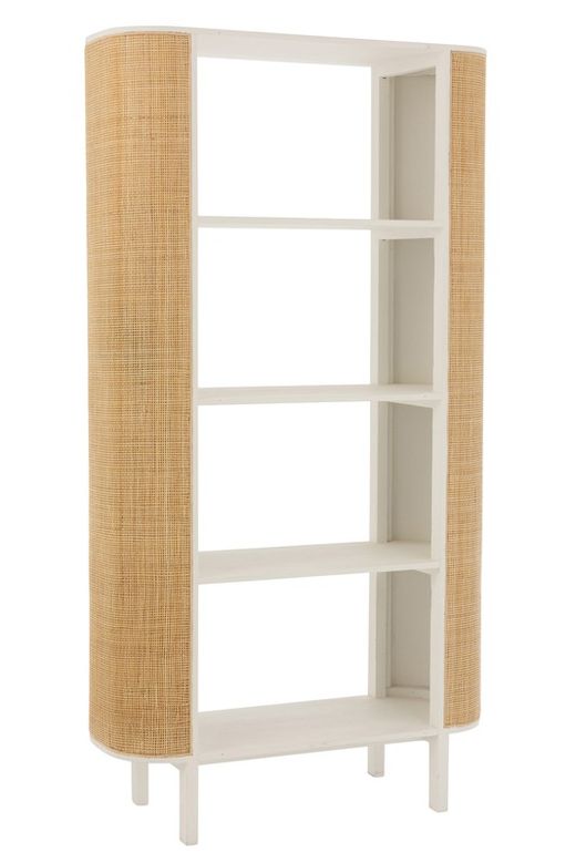 Étagère ronde MOLLY en bois et rotin blanc/naturel, 100x40x190 cm