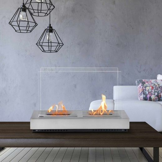 Stufa a bioetanolo in acciaio e vetro color argento, 76 x 23 x 0,5 cm | Santorini