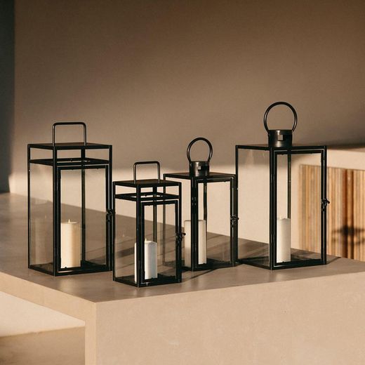 Metal and black glass lantern, 22 x 22 x 54 cm