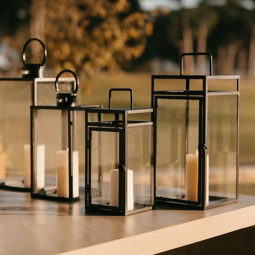 Metal and black glass lantern, 22 x 22 x 54 cm
