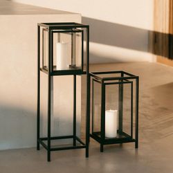 Metal and black glass lantern, 23 x 23 x 41 cm