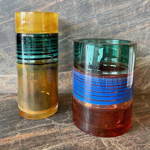 Niedrige bunte Glasvase, Ø 19,5 x 26 cm | Bewölkte Schmetterlinge