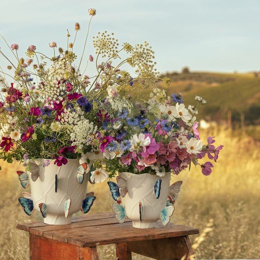 Vase en faïence S beige et multicolore, Ø 31,8 x 23,6 cm | Papillons nuageux