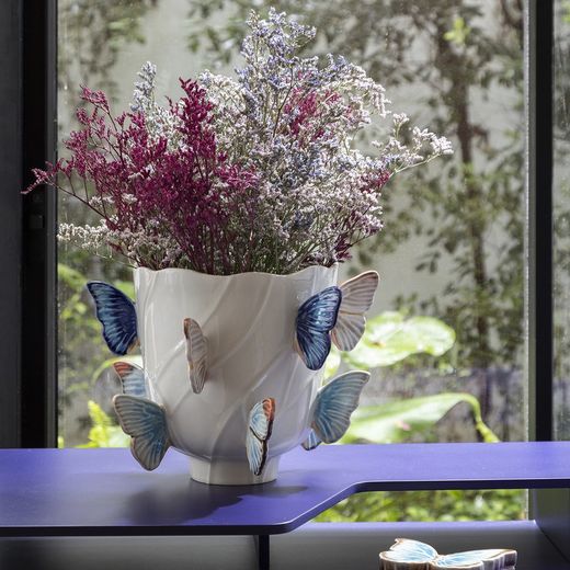 Vase en faïence S beige et multicolore, Ø 31,8 x 23,6 cm | Papillons nuageux