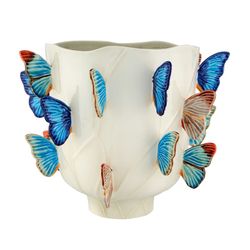 XL faience vase in beige and multicolor, Ø 45.4 x 38.6 cm | Cloudy Butterflies