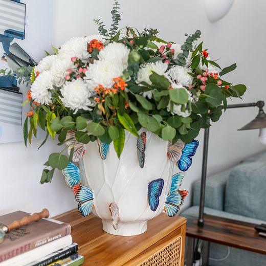 XL faience vase in beige and multicolor, Ø 45.4 x 38.6 cm | Cloudy Butterflies