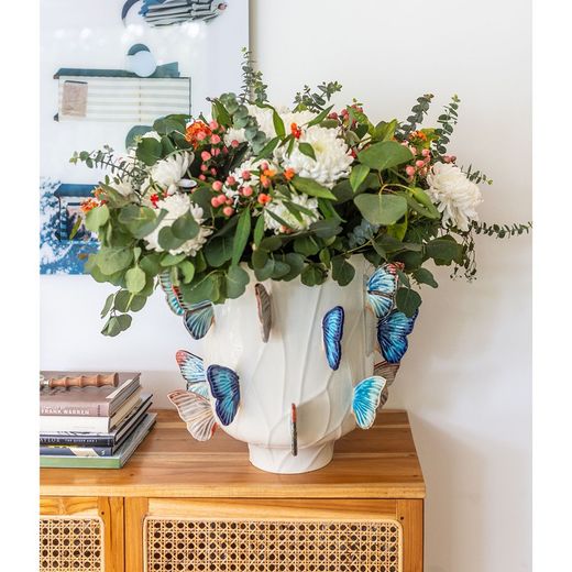 XL faience vase in beige and multicolor, Ø 45.4 x 38.6 cm | Cloudy Butterflies