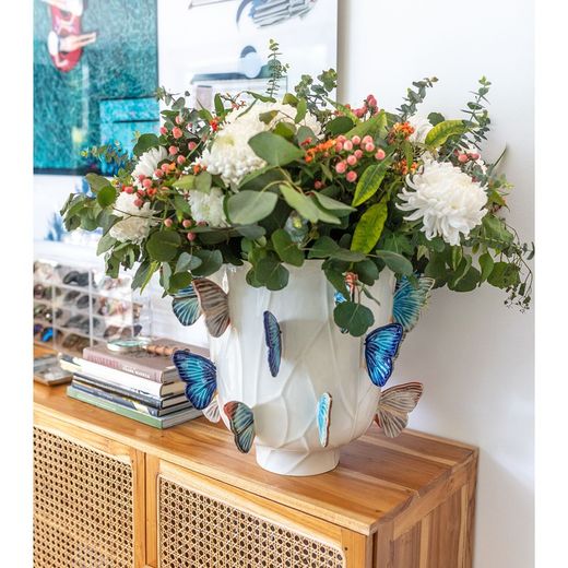 XL faience vase in beige and multicolor, Ø 45.4 x 38.6 cm | Cloudy Butterflies