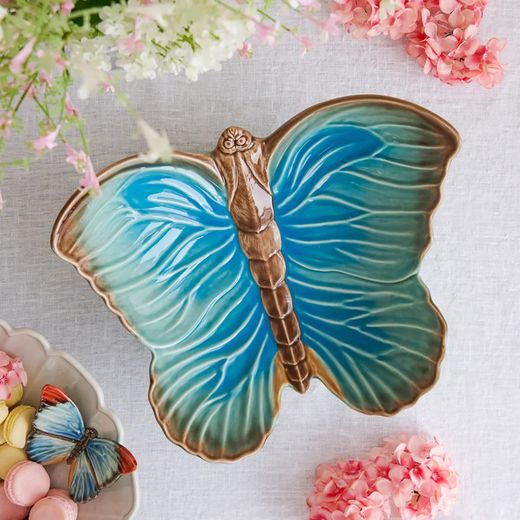 Blå fruktskål i lergods, 41 x 33 x 16,5 cm | Molniga fjärilar