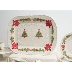 White and multicoloured earthenware platter, 47.5 x 36.5 x 4 cm | Christmas