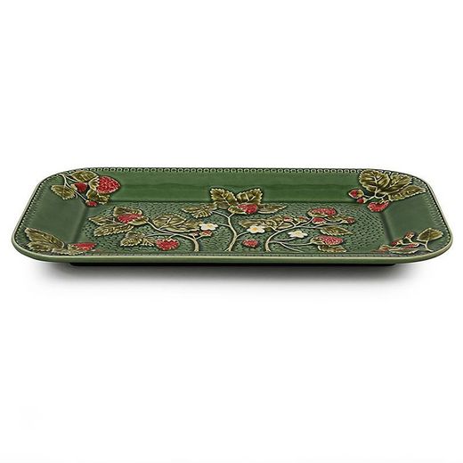 Talerz fajansowy w kolorze zielonym i czerwonym, 34 x 21 x 3 cm | Truskawki