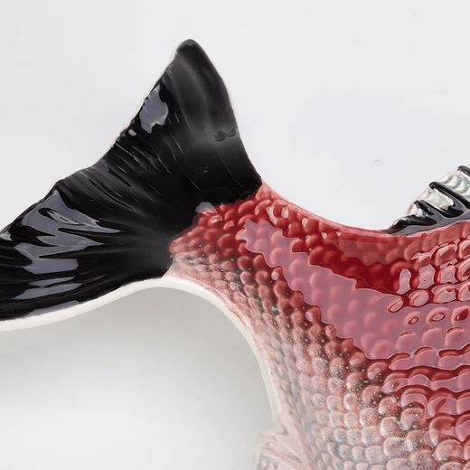 L-Platte aus granatrotem und weißem Steingut, 51 x 29 x 5 cm | Fisch