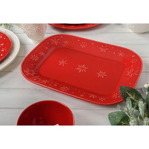 Red stoneware L platter, 41 x 30.9 x 3.6 cm | Snowflakes