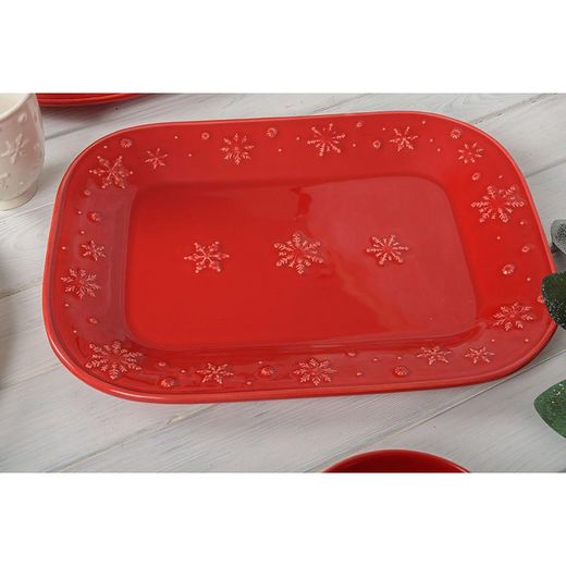 Red stoneware L platter, 41 x 30.9 x 3.6 cm | Snowflakes