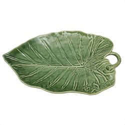 Faience L platter in green, 41.5 x 28 x 7.5 cm | sunflower leaves
