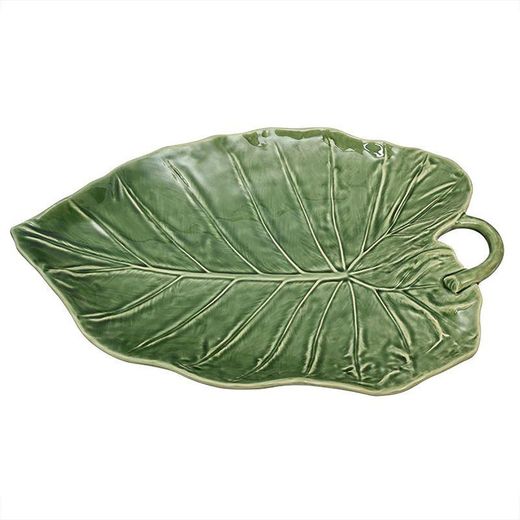 Faience L platter in green, 41.5 x 28 x 7.5 cm | sunflower leaves